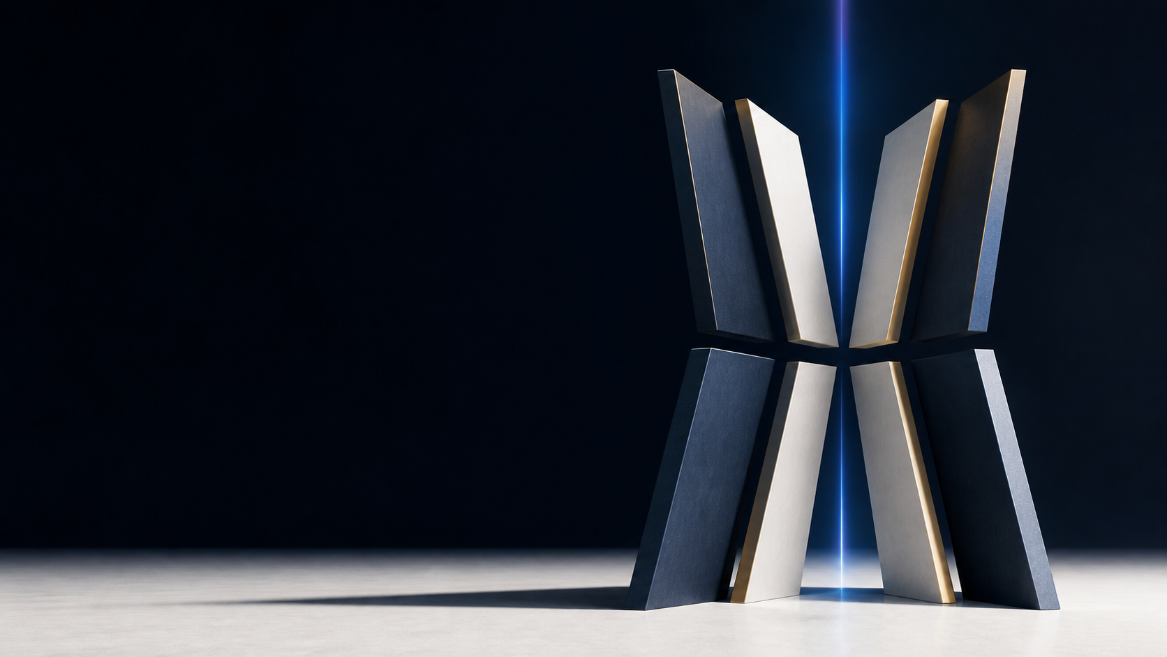 Eight precision-cut architectural planes aligning around a single illuminated axis